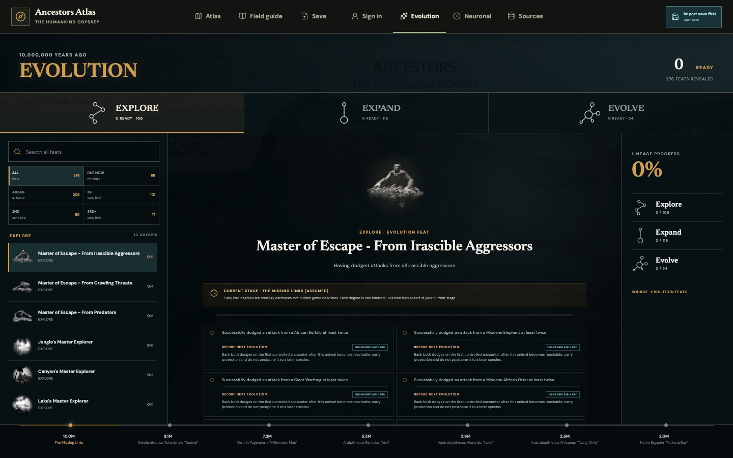 Ancestors Atlas Evolution guide in a clean zero-progress state.