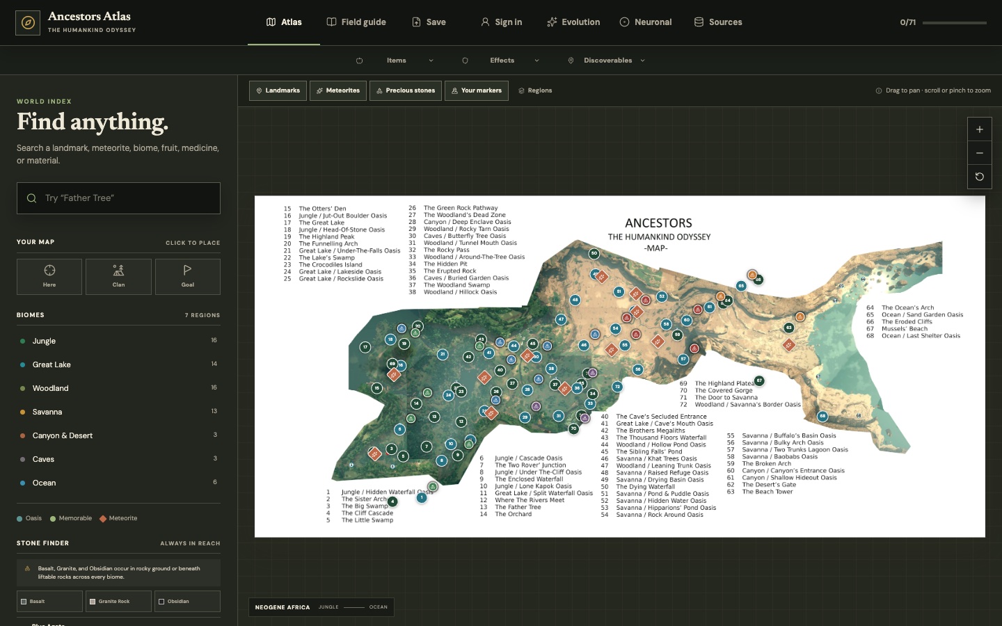 Ancestors Atlas map with searchable regions, landmarks, meteorites, and player marker tools.