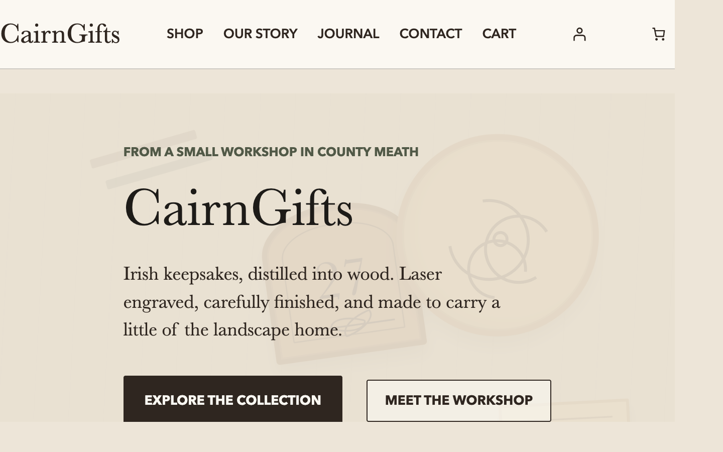 CairnGifts homepage introducing wooden keepsakes from a County Meath workshop.