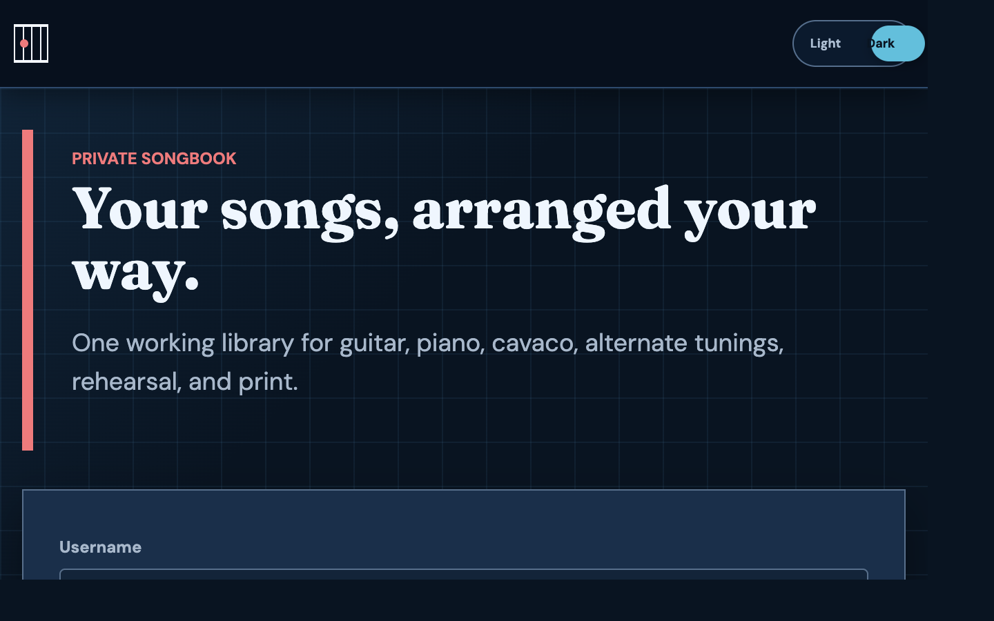 Cifra private songbook sign-in page with its rehearsal and print positioning.