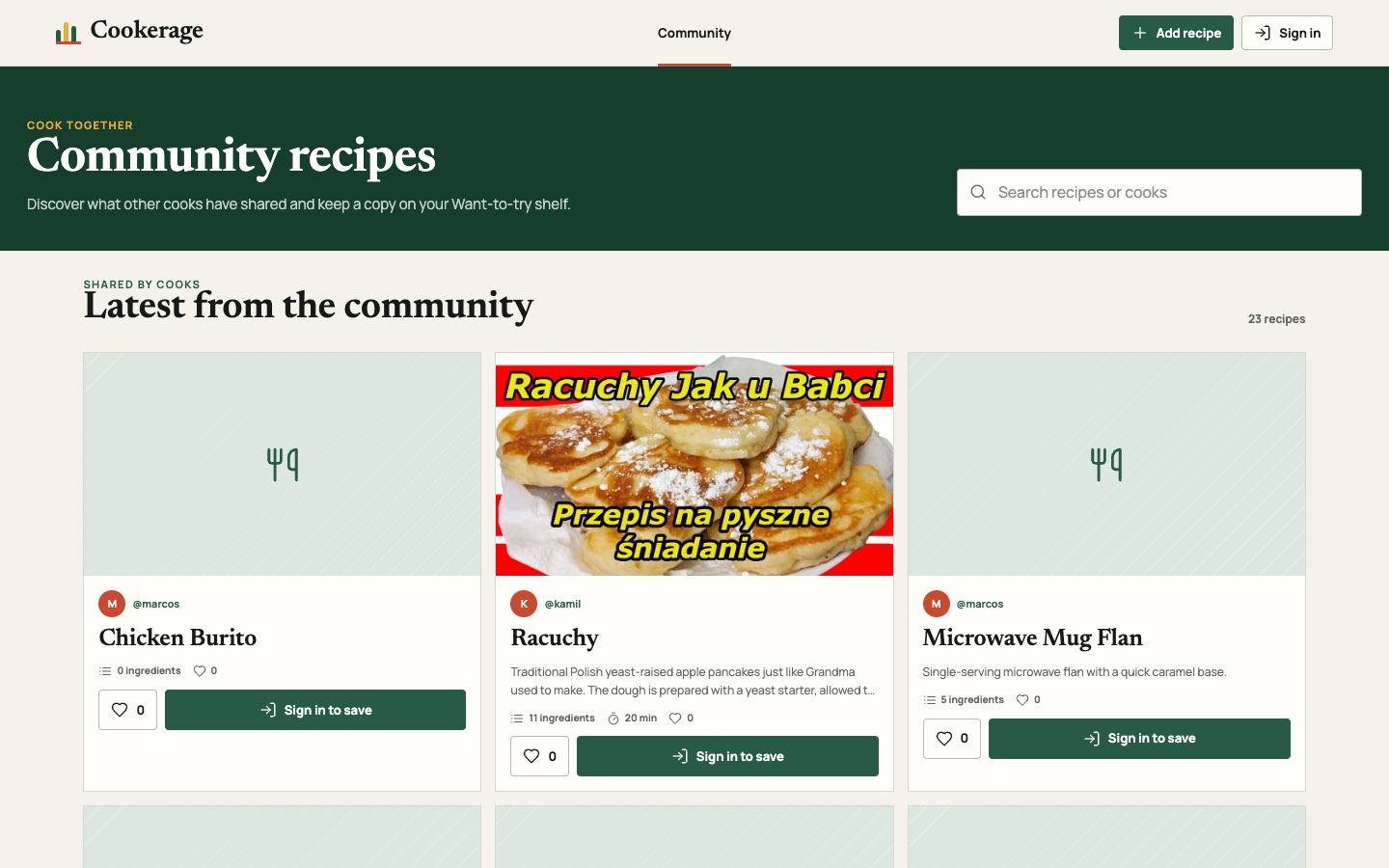 Cookerage signed-out community browser with recipe search and shared recipe cards.