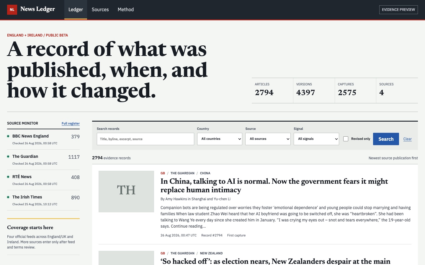 News Ledger interface with source coverage, revision counts, and searchable article records.