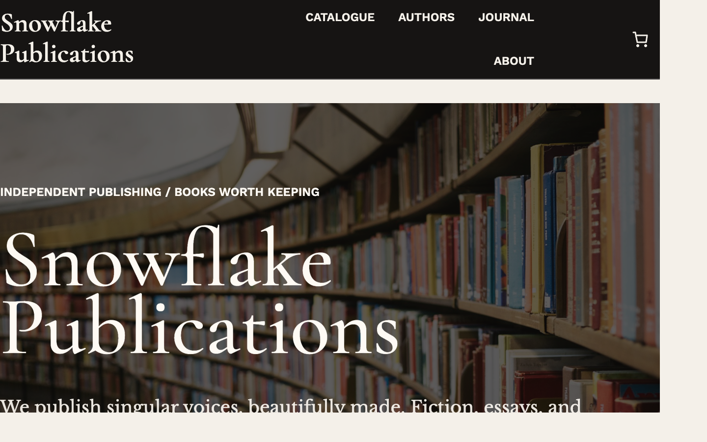 Snowflake Publications homepage with its editorial library image and independent publishing introduction.